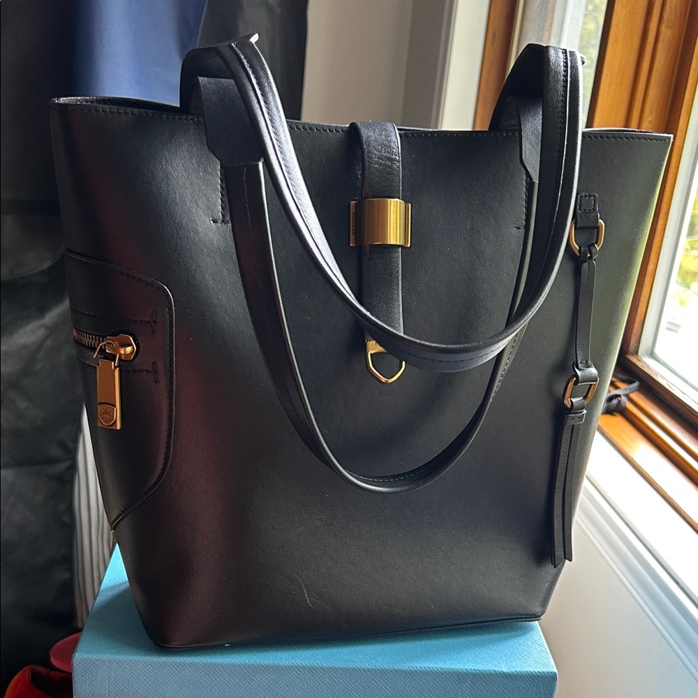 RUDSAK Black Leather Tote Bag with Gold Hardware